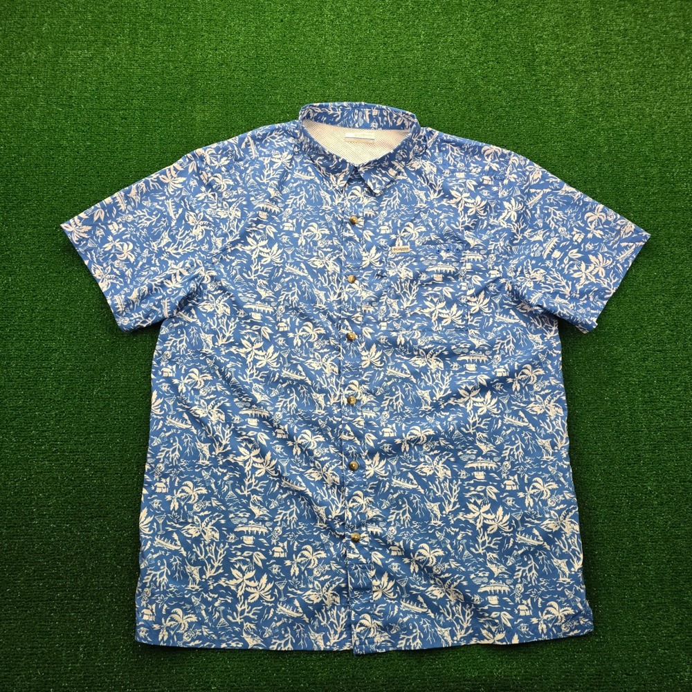 Columbia PFG Shirt‎ Mens Large Blue White Tropical Sailboat Print Fishing Vented